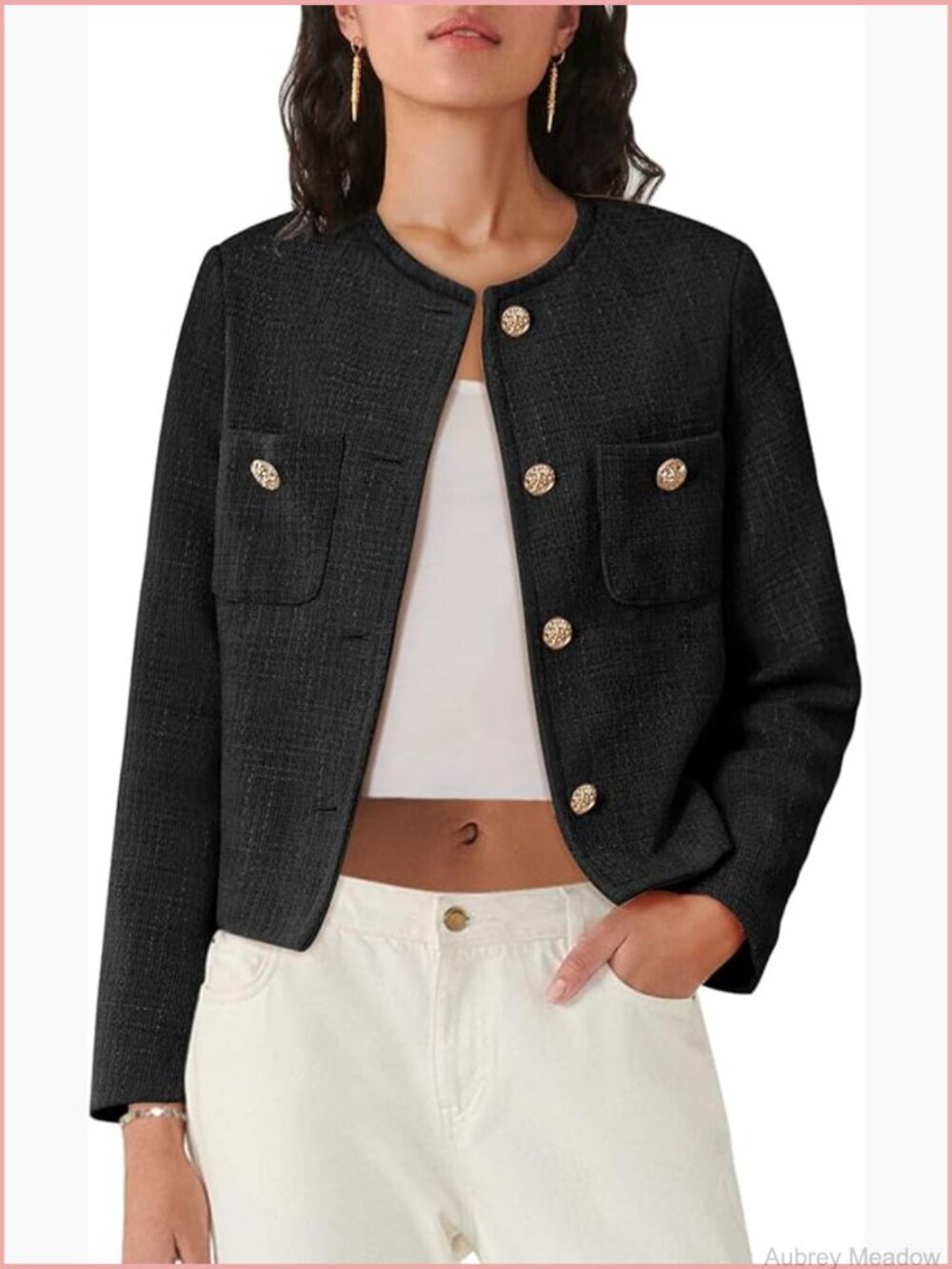 Cropped Tweed Blazer Long Sleeve Button Down Business Casual Jacket